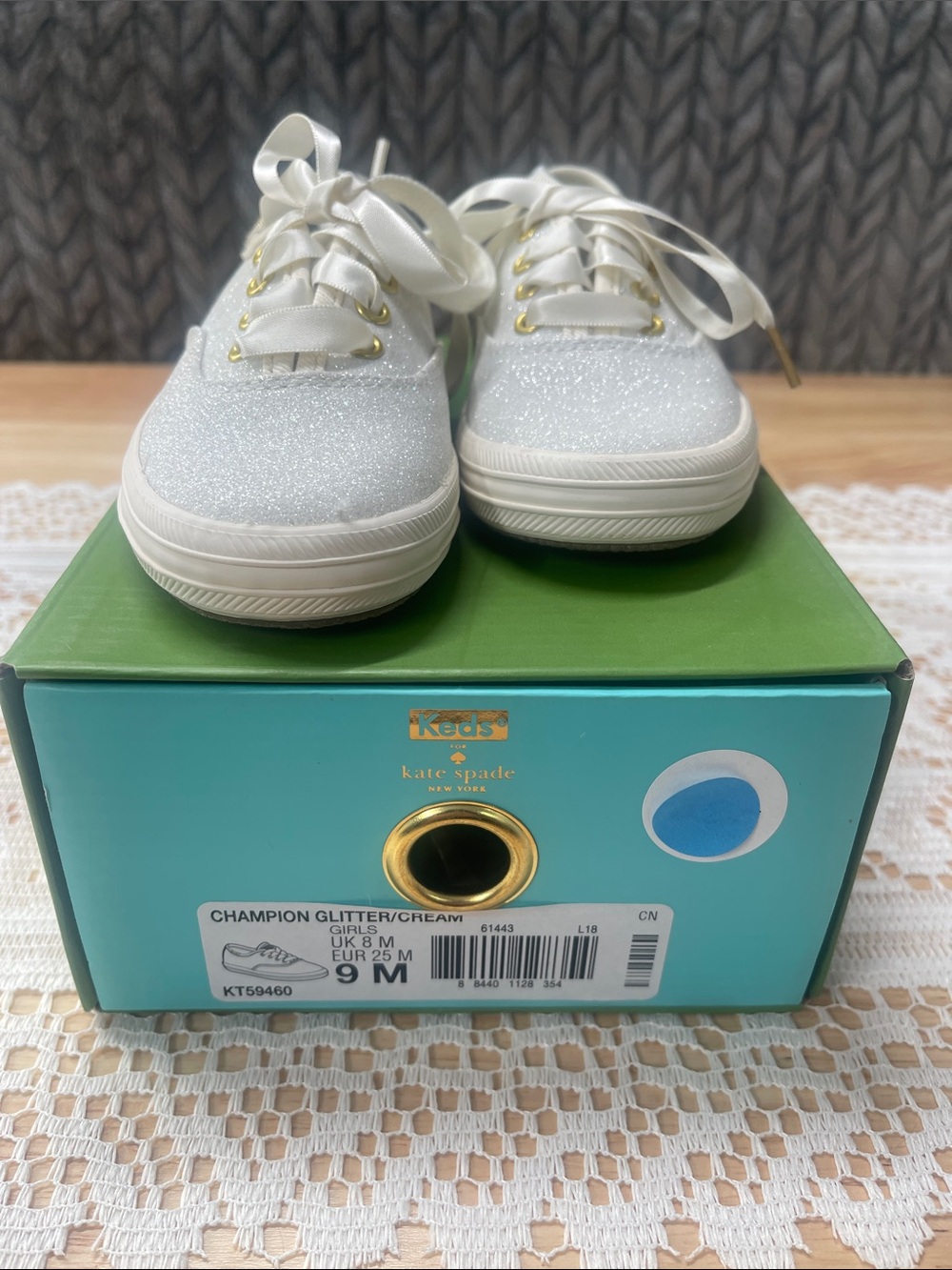 kate spade Glitter Ribbon Lace Kids Sneakers in Cream